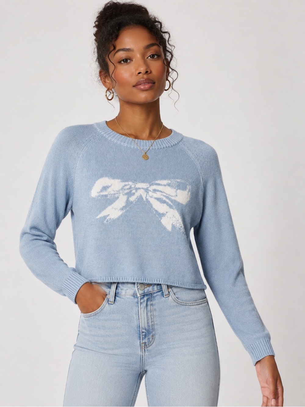 CIDER Blue & White Bow Knit Cropped Sweater Top XL Coquette Balletcore